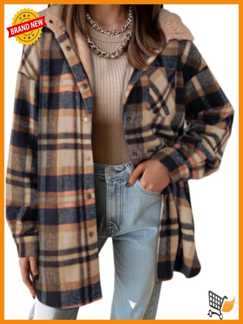 Womens Flannel Hooded Plaid Shacket Thick Fleece Jacket Loose Button Down